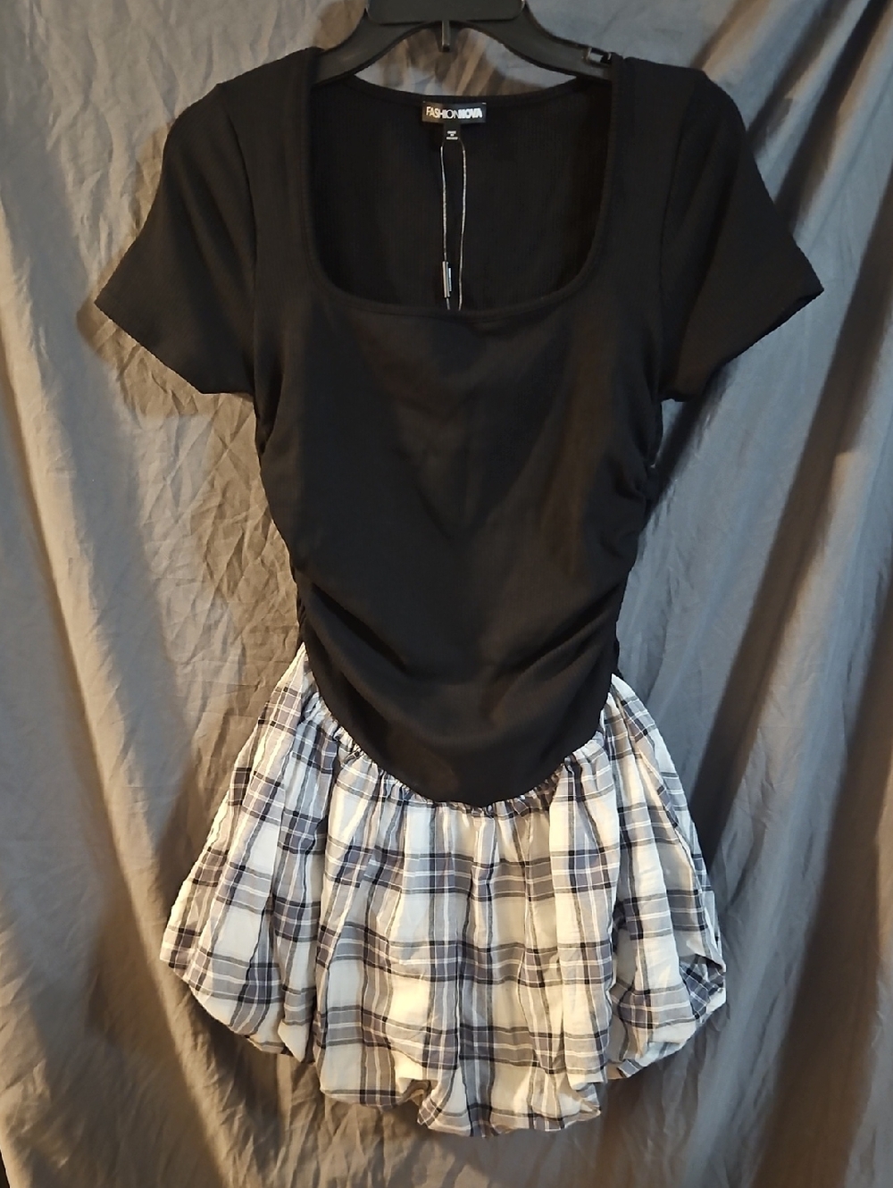 FASHION NOVA CHANEY PLAID MINI DRESS: BLACK/GRAY/WHITE: NEW WITH TAGS: SIZE M